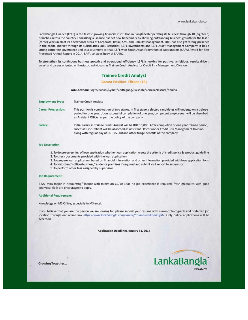 LankaBangla Finance Job Circular 2017