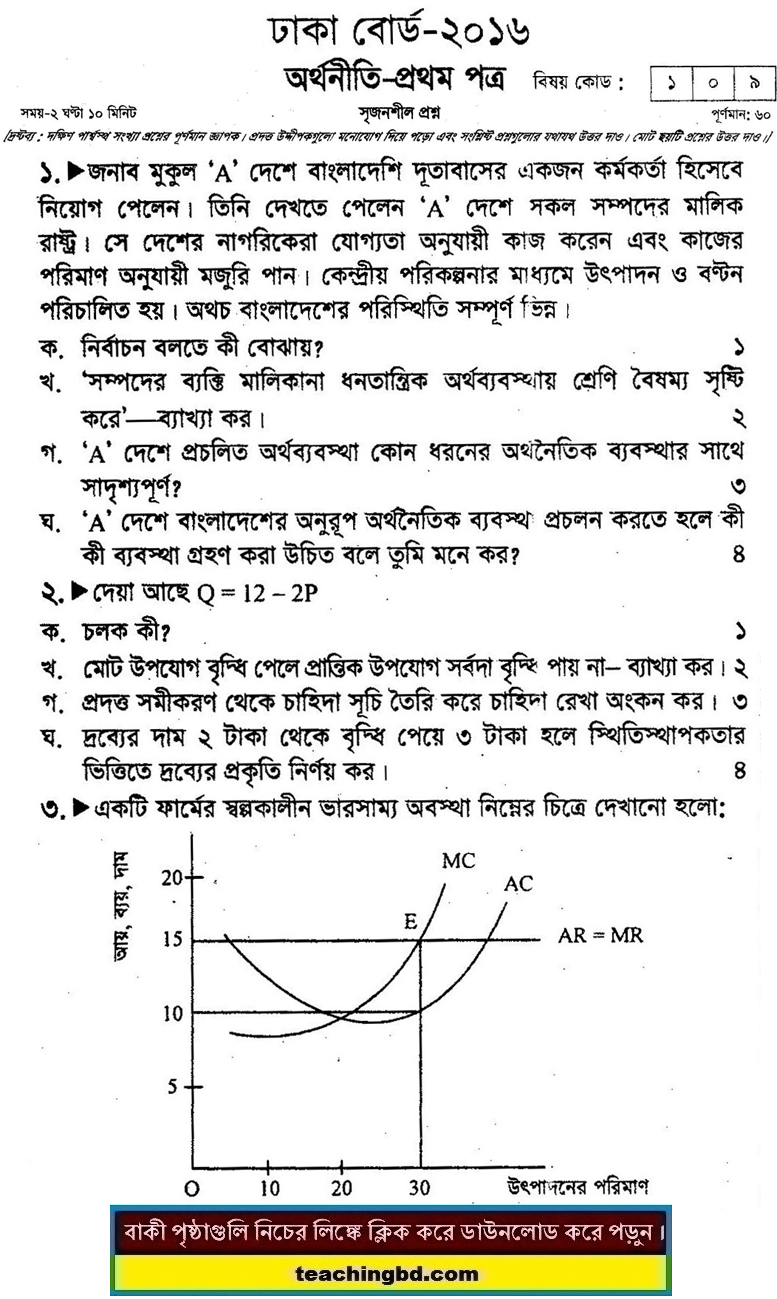 Economics 1st Paper Question 2016 Dhaka Board