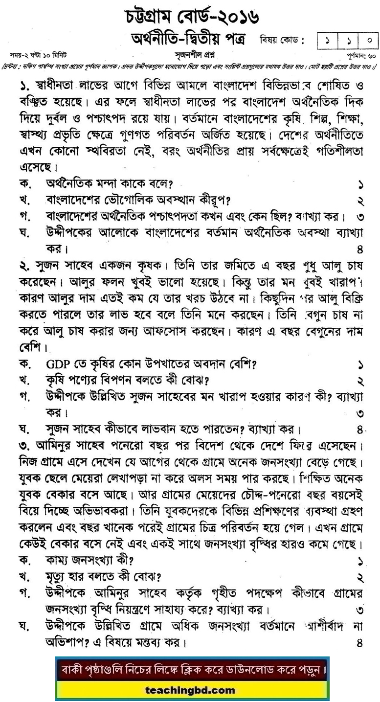Economics 2nd Paper Question 2016 Chittagong Board