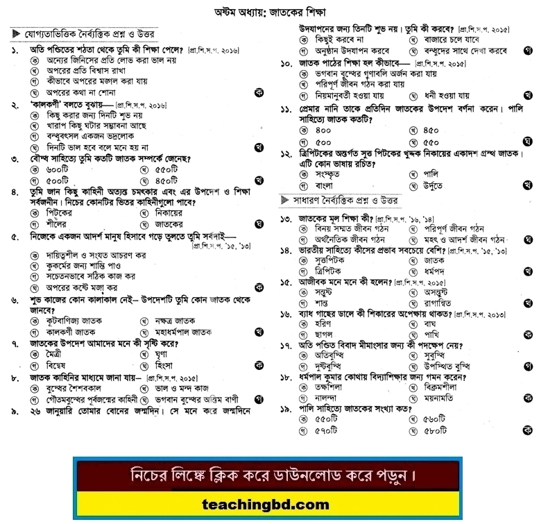 PECE Buddist Religion and moral education MCQ Question with Answer Chapter 8