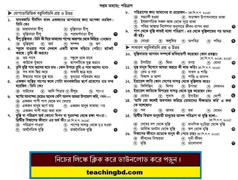 PECE Khristo Religion and moral education MCQ Question with Answer Chapter 7