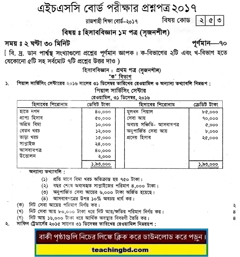 Accounting 1st Paper Question 2017 Rajshahi Board