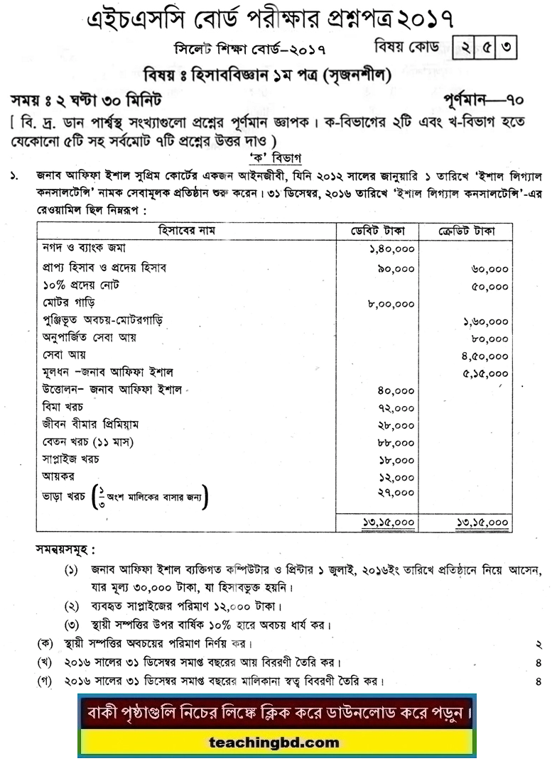 Accounting 1st Paper Question 2017 Sylhet Board