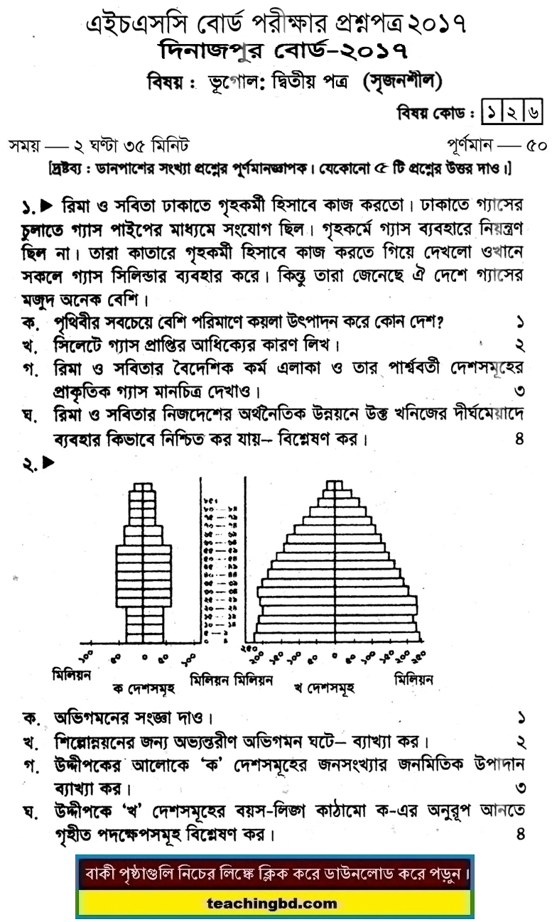 HSC Geography 2nd Paper Question Dinajpur Board 2017