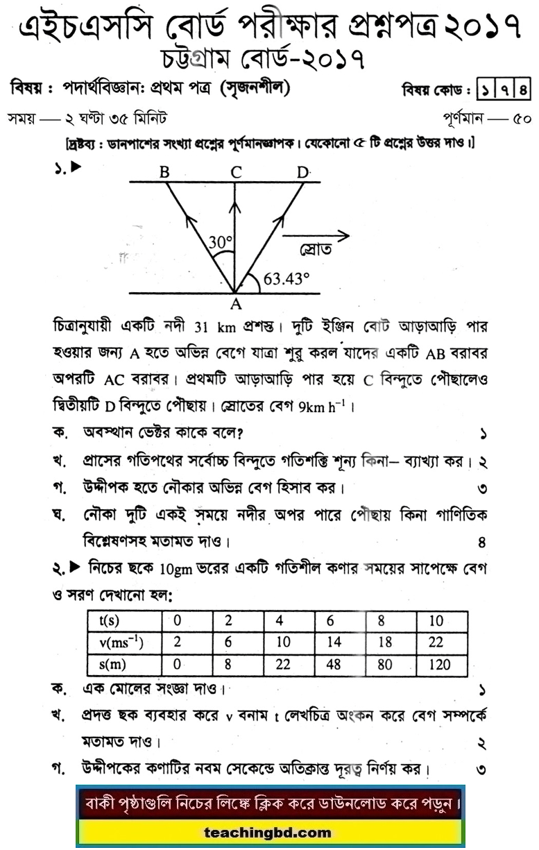 Physics 1st Paper Question 2017 Chittagong Board