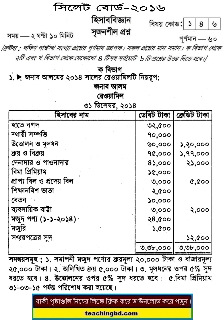Accounting Board Question 2016 Sylhet Board