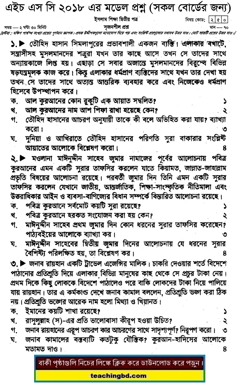 HSC Islam Education 2nd Paper Suggestion and Question Patterns 2018-2