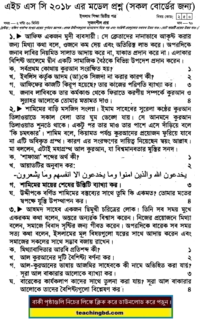 HSC Islam Education 2nd Paper Suggestion and Question Patterns 2018-4